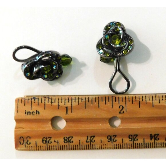 Premier Designs Sage Blossom Earrings Green Crystals Bead Accent Dual Clip Post - Picture 6 of 6